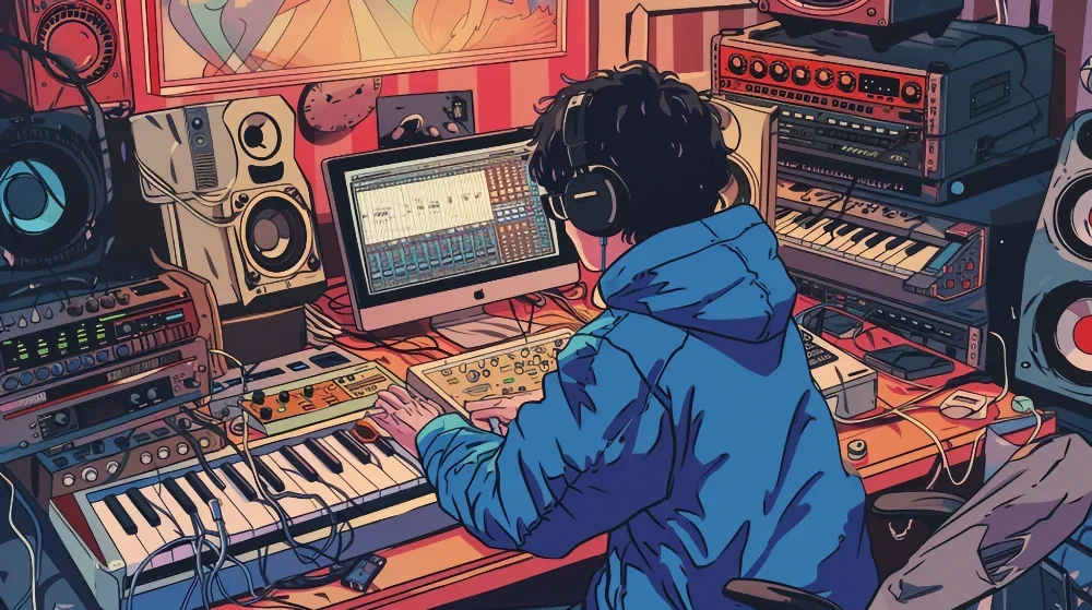 man producing music in studio with lots of gear. 