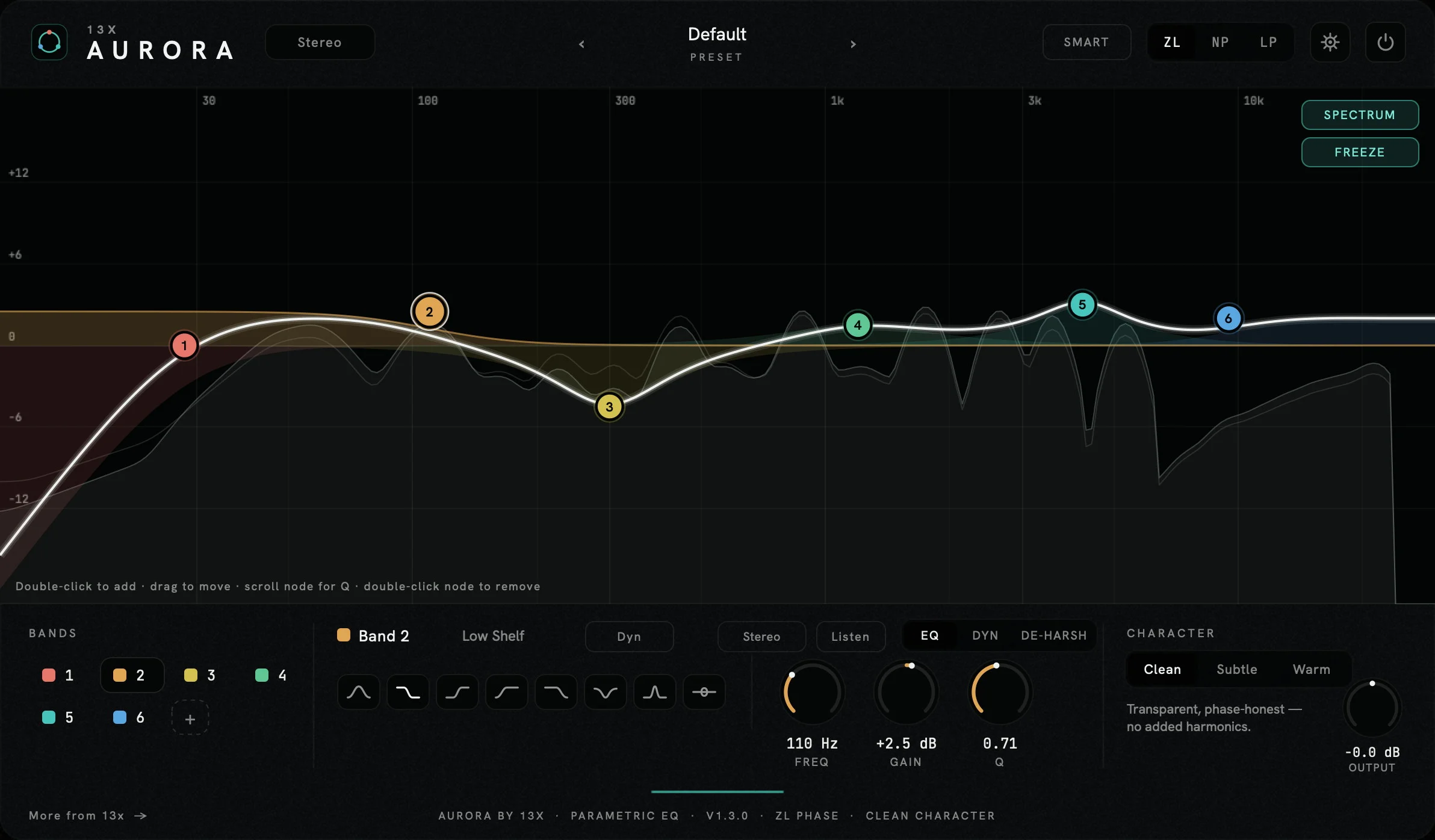 Aurora dynamic parametric EQ plugin interface by 13X Audio