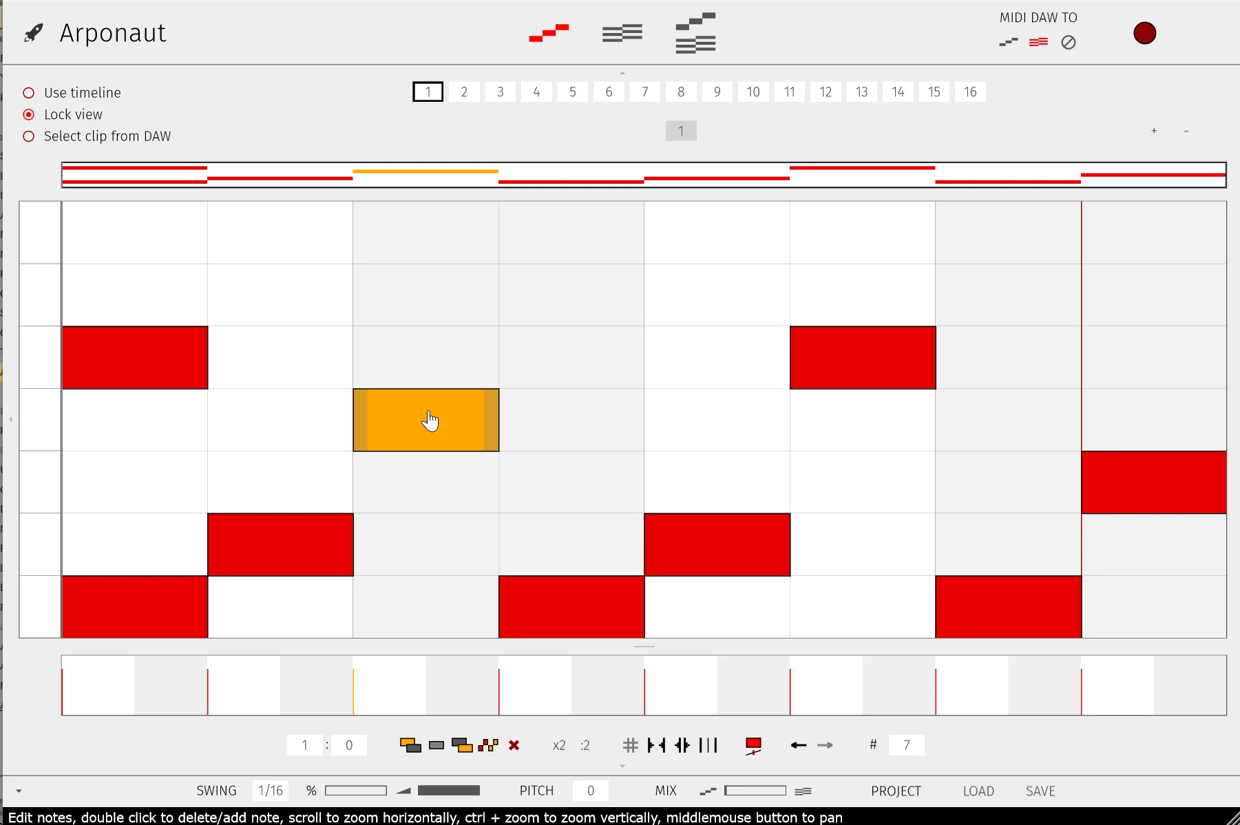 Arponaut pattern-based arpeggiator interface showing editable MIDI pattern and chord lanes