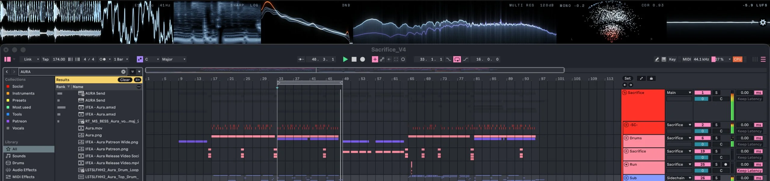 AURA by iFeature floating audio analyzer above an Ableton Live session