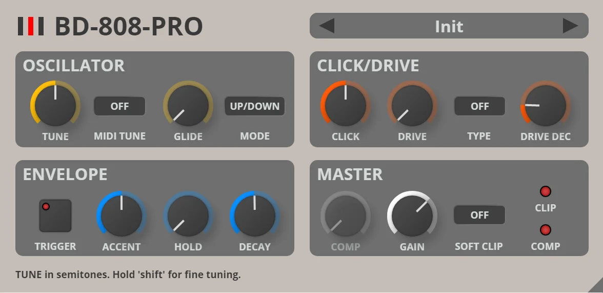 BD-808 Pro 808 bass drum plugin interface by Synsonic Instruments