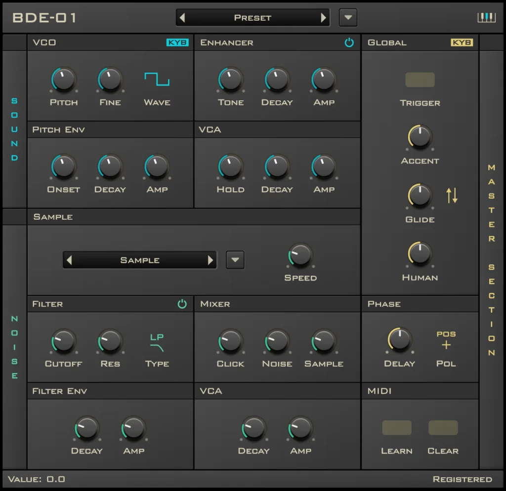 BDE-01 bass drum synthesizer interface by Synsonic Instruments