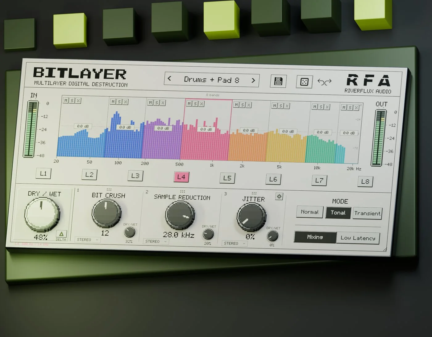 Bit Layer eight-band bitcrusher interface by RiverFlux Audio