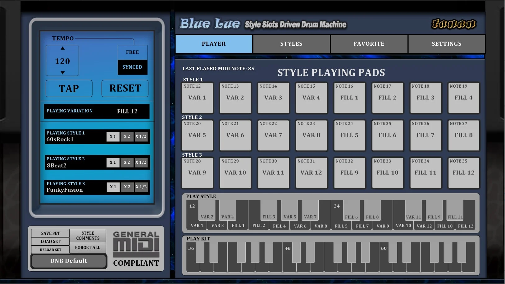 Blue Lue plugin interface with style slots and drum pattern controls