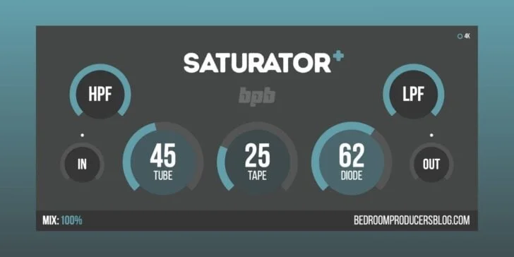 BPB Saturator Plus plugin interface showing tube, tape, diode, filter, gain, and mix controls