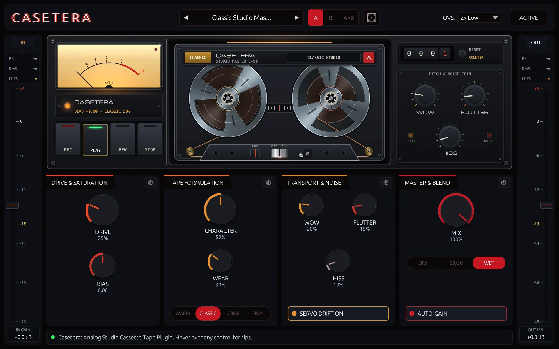 Casetera vintage cassette tape plugin interface by Carbon Fiber Plugins