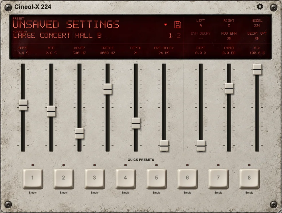 Cineol-X 224 reverb interface with faders and quick preset keys