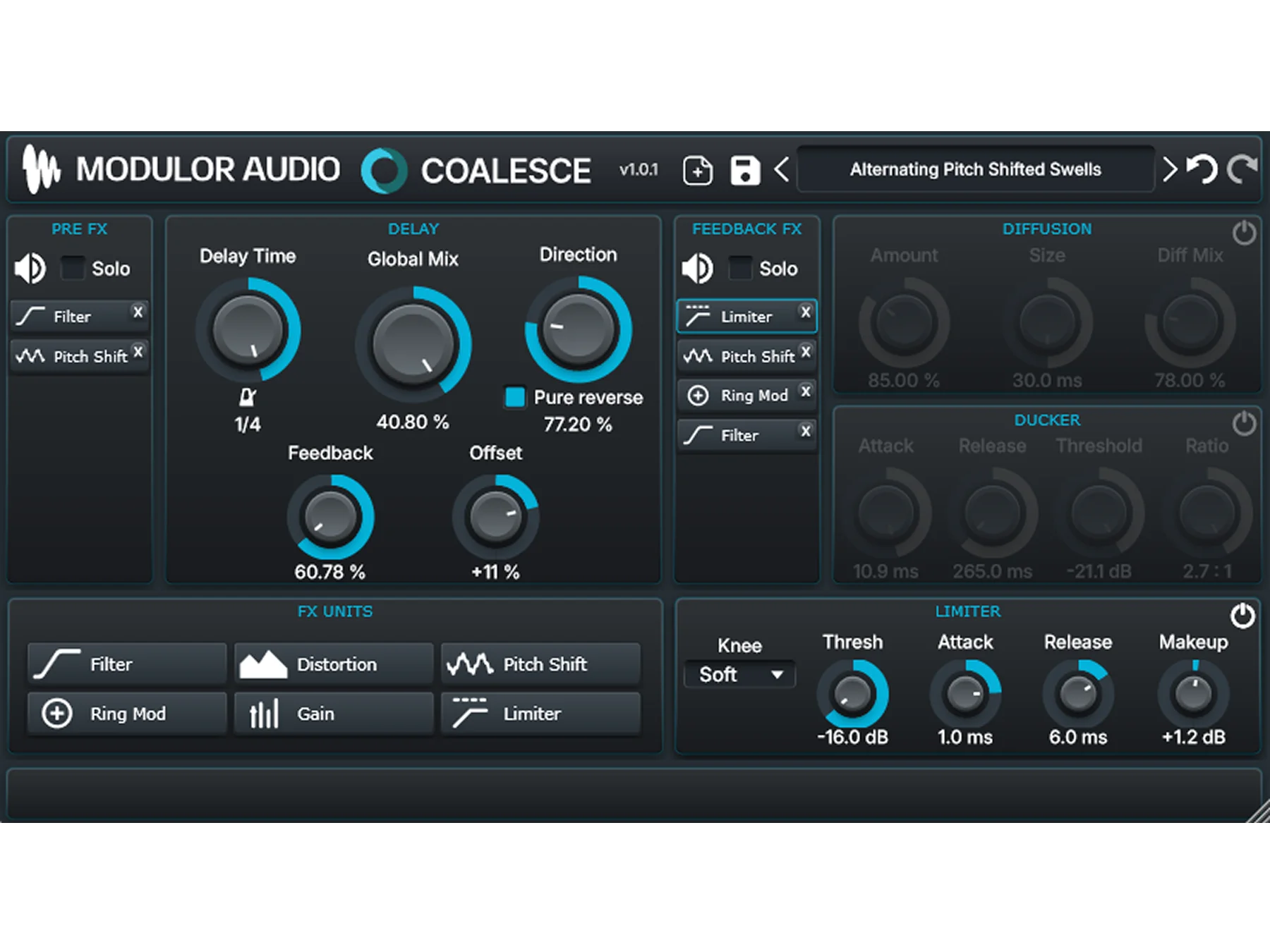 Coalesce delay plugin interface by Modulor Audio showing forward and reverse delay controls and feedback FX