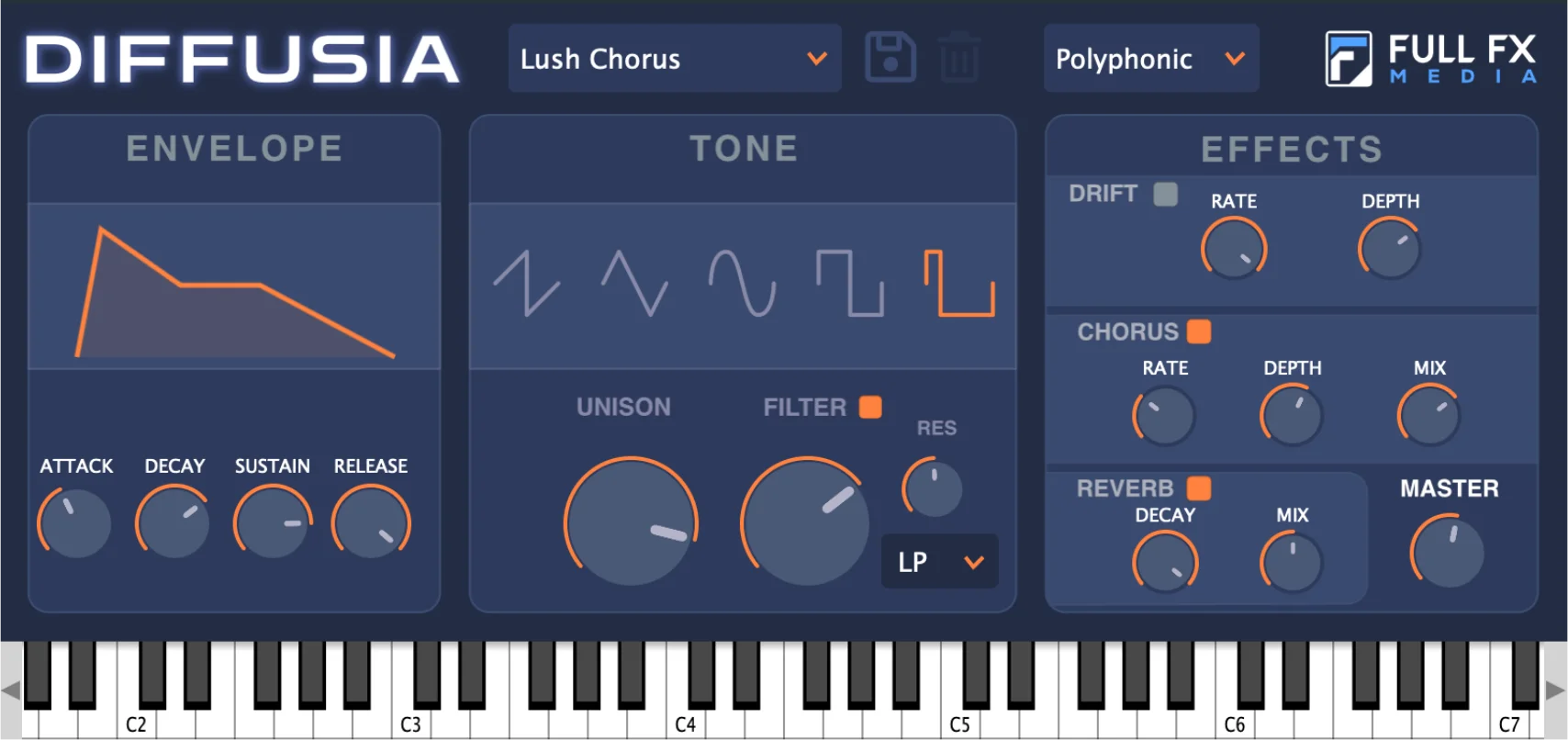 Diffusia drone synthesizer plugin interface by Full FX Media