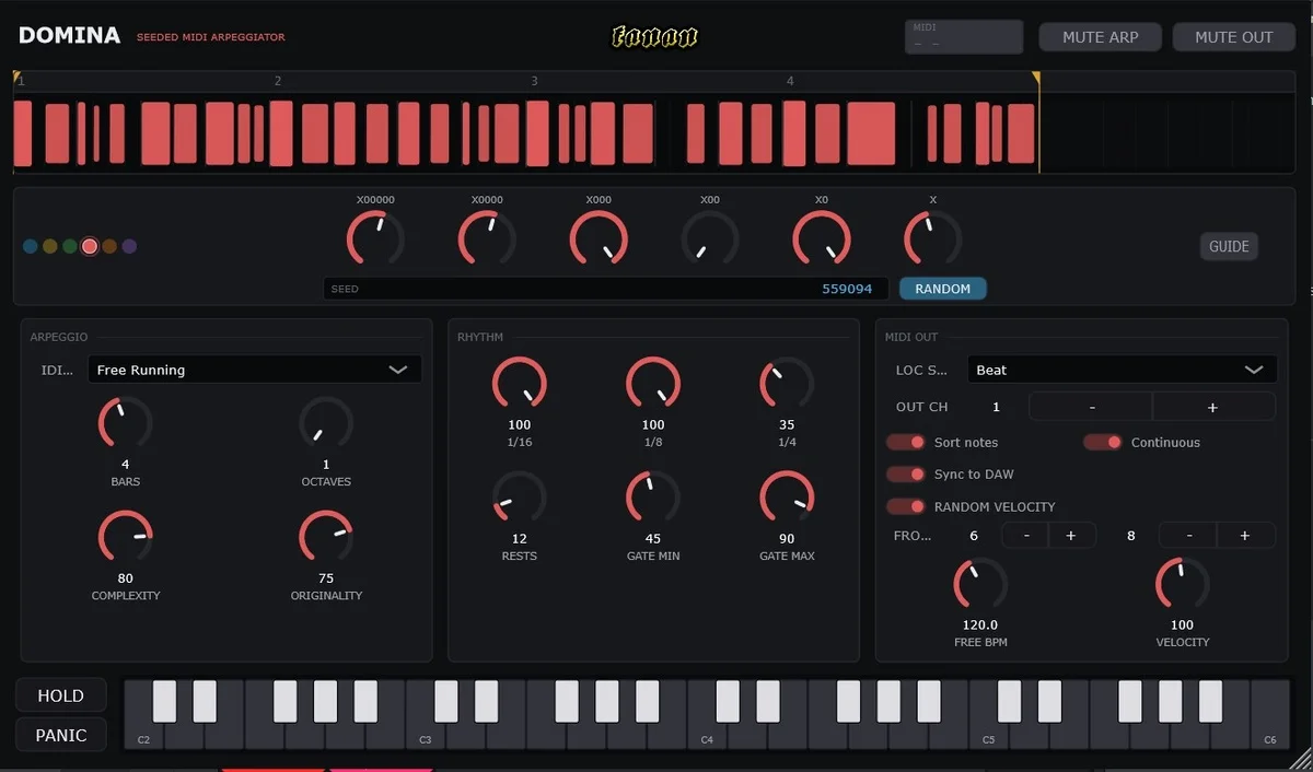 Domina seeded MIDI arpeggiator plugin interface