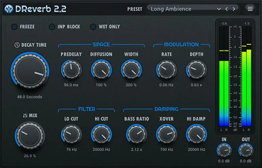 DReverb 2.2 algorithmic reverb plugin interface by Stone Voices