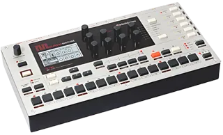 A Elektron Monomachine drum machine with drum samples on a white background.