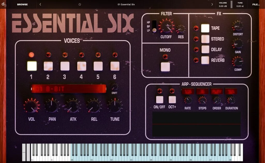 Essential Six analog synth instrument interface based on the Sequential Circuits Six Trak