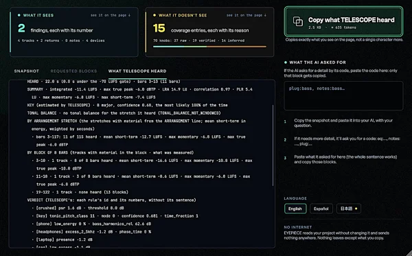 OVNI Audio EYEPIECE 0.2 plug-in showing measurements shared locally by TELESCOPE
