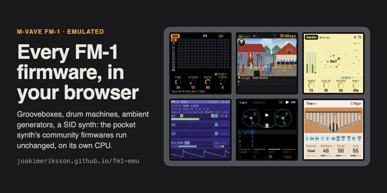 FM-1 Emulator showing six community firmware screens