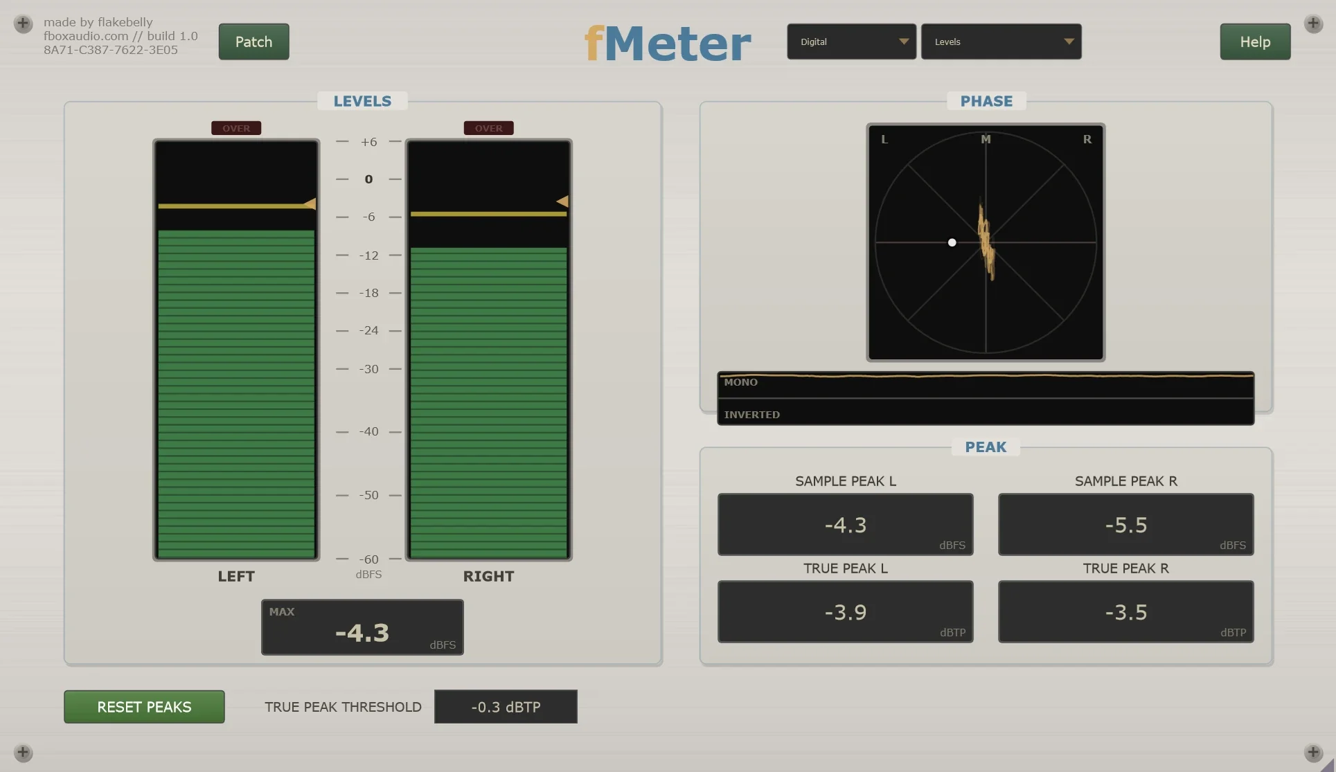 fMeter Levels page showing peak meters and a phase scope