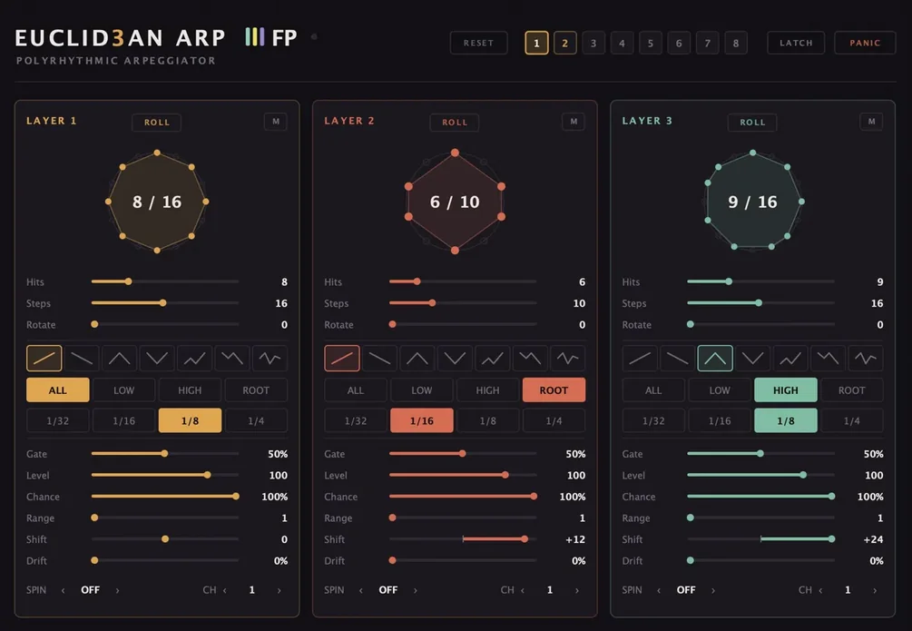 François Pé Euclid3an Arp MIDI arpeggiator plugin interface