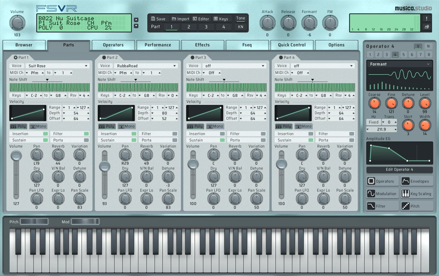 FSVR standalone interface showing four synth parts, operator controls, and a keyboard