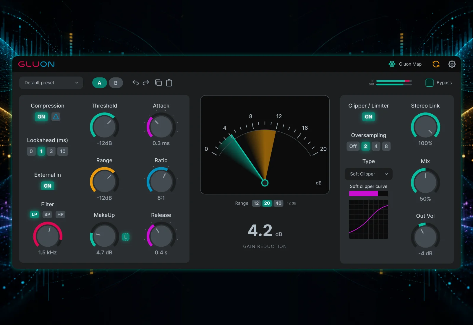 Gluon 1.1.0 bus compressor interface with the redesigned compression, soft clip, limiter, and Gluon Map controls