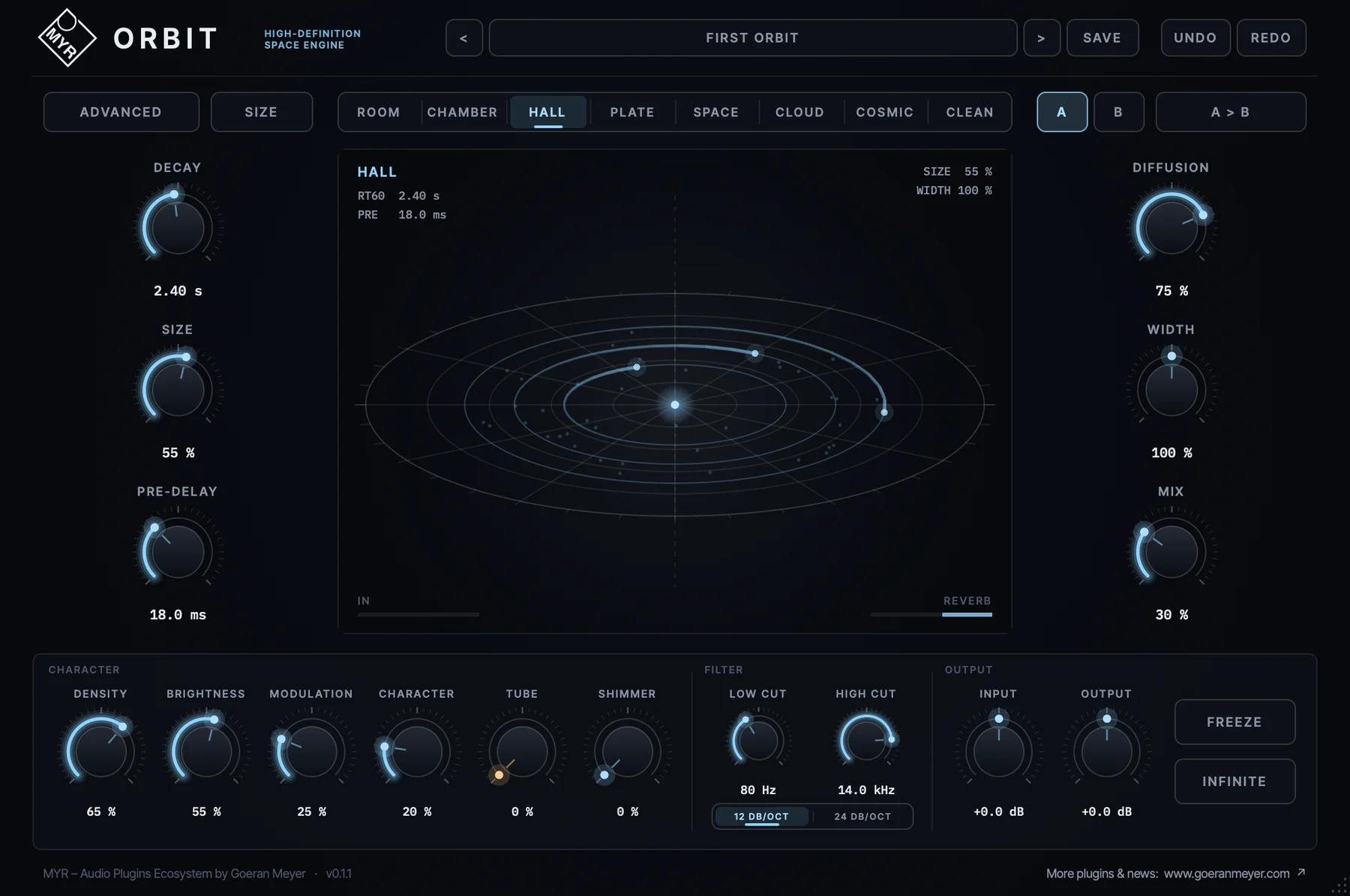 MYR Orbit reverb plugin interface