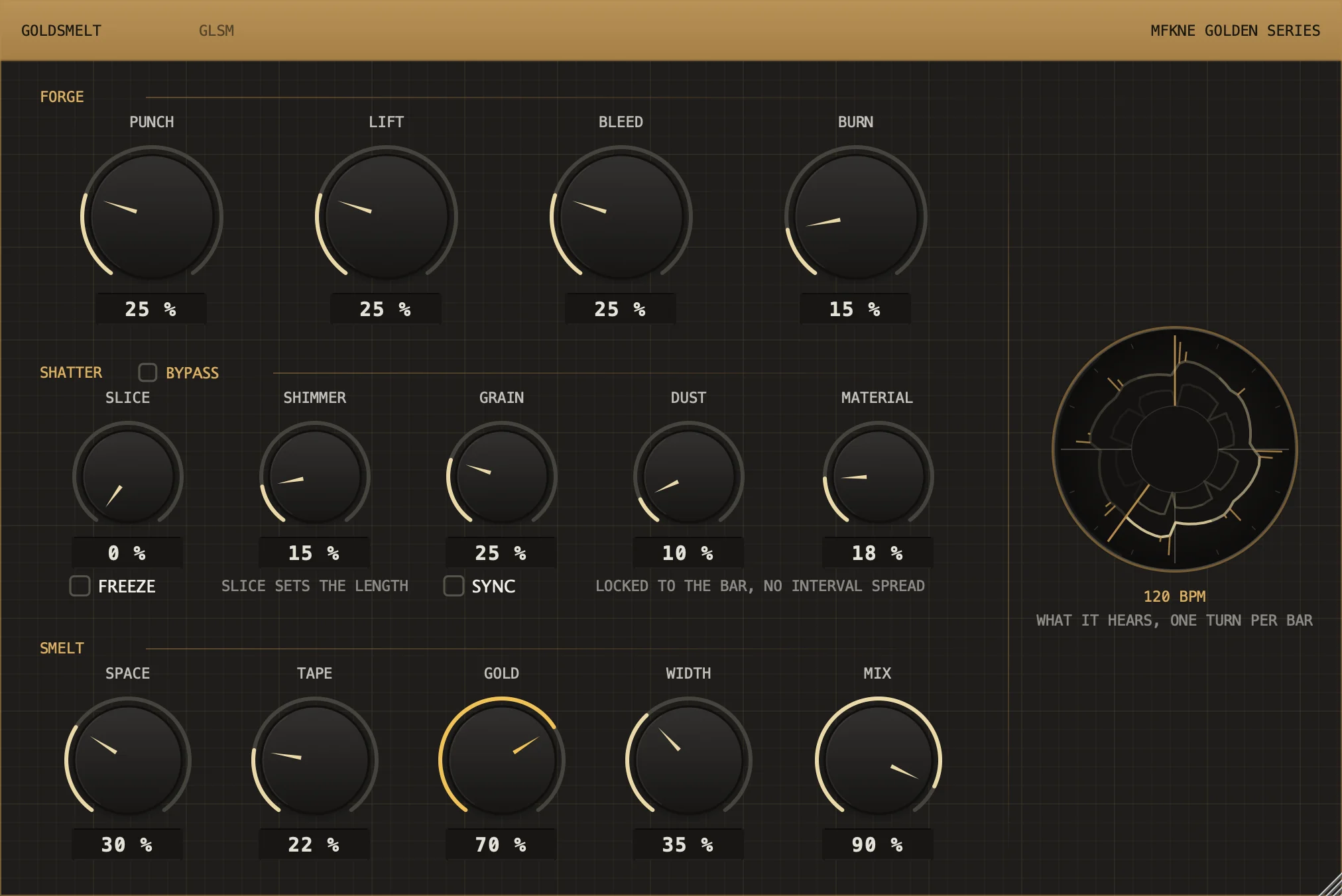 GOLDSMELT VST3 multi-effect interface with FORGE, SHATTER, and SMELT controls