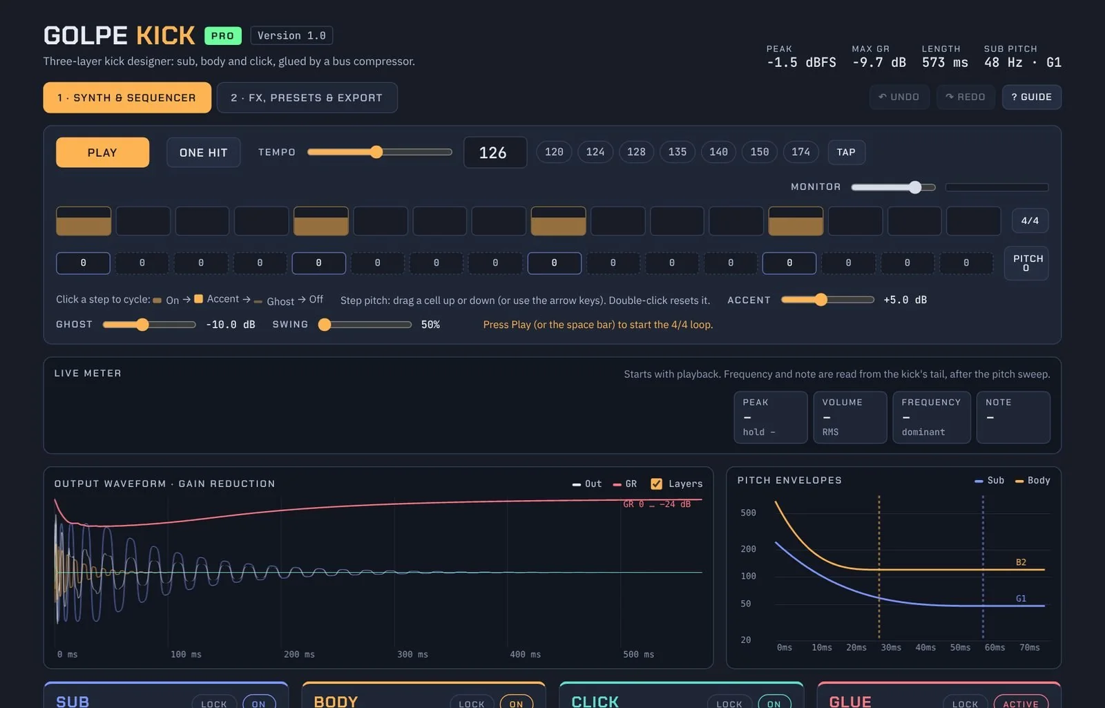 Golpe three-layer kick drum synthesizer interface by Low Frequency Gallery