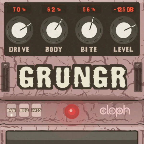 Grungr plugin interface showing grunge, body, bite, level, voicing, and stomp controls