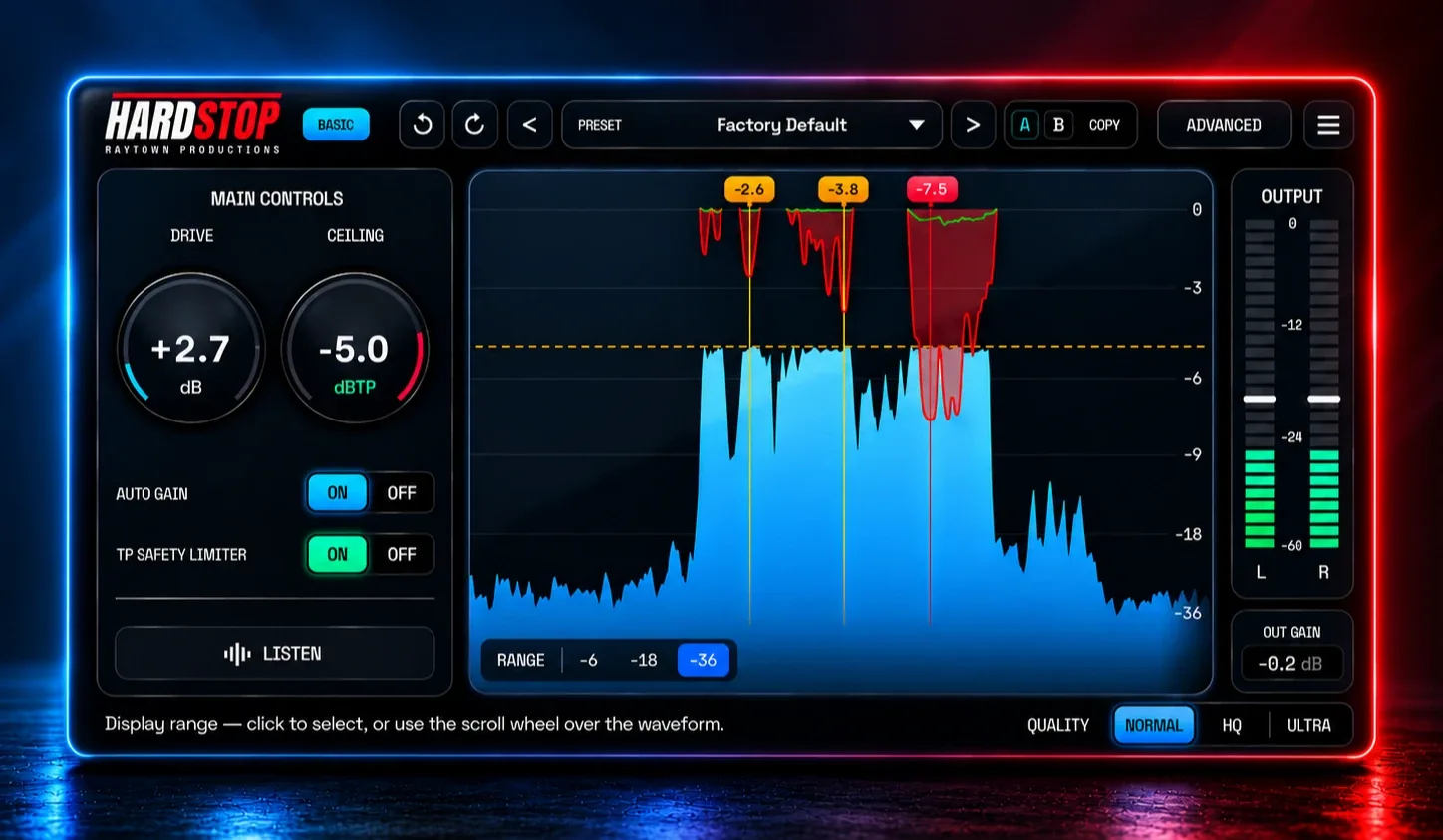HardStop Basic clipper interface showing Drive, Ceiling, waveform gain reduction, and true-peak safety limiter controls