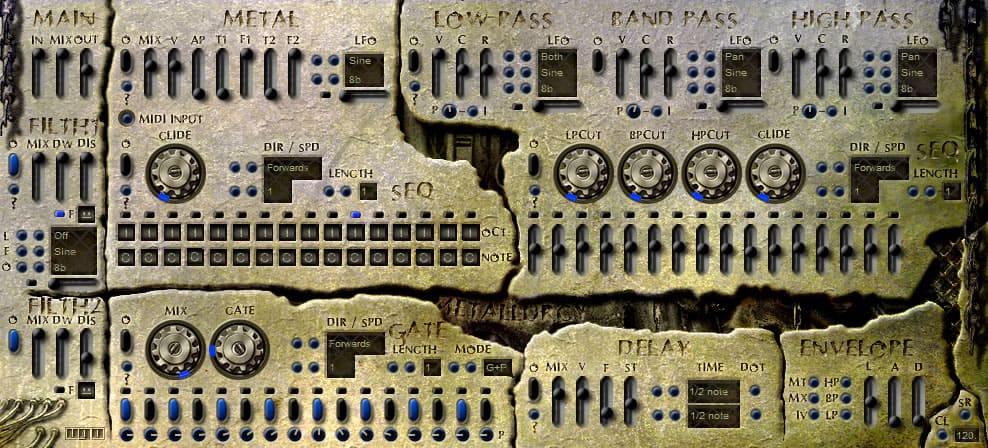 A picture of a board with a lot of buttons on it made from metalwork.