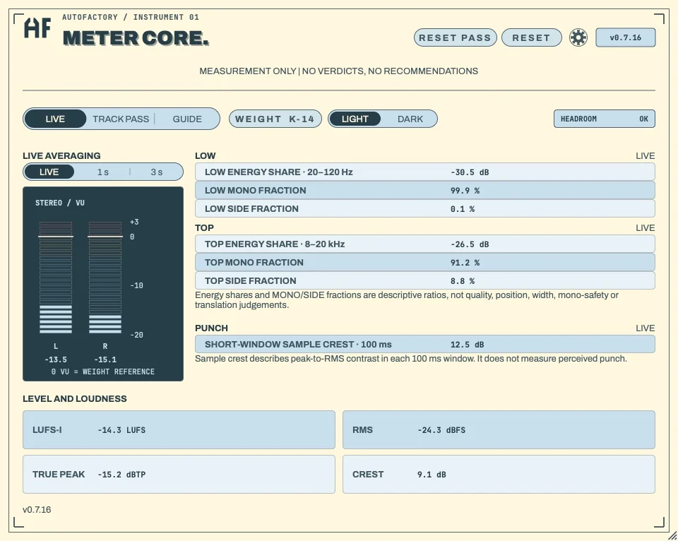 Meter Core 0.7.16 Live tab in the light Pastel theme with LOW, TOP, PUNCH and level/loudness measurements