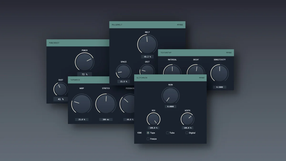 MFKNE plugin interfaces for GLITCHRUIN, TAPEWRECK, TEXTURETAP, PULSEMELT, and PUNCHDUST
