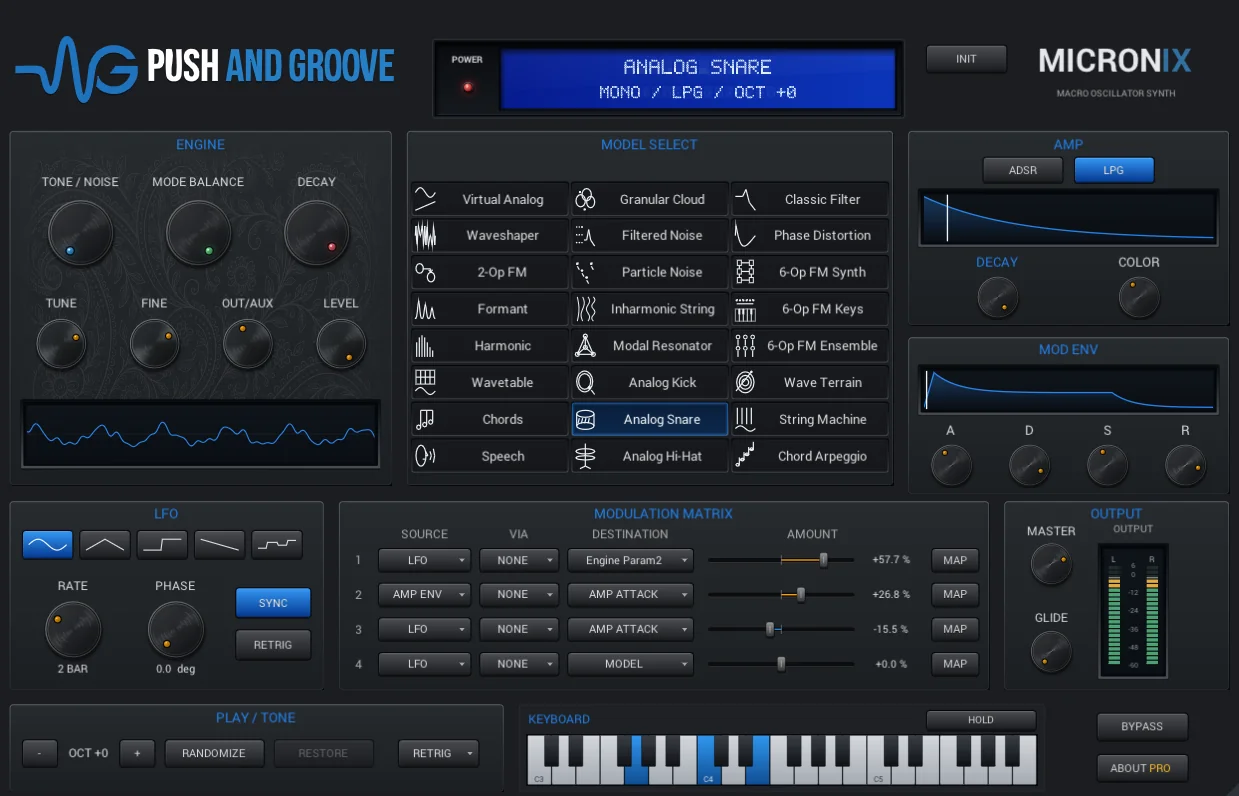 MICRONIX synth interface with Plaits-based engine controls, envelope, LFO, and modulation matrix