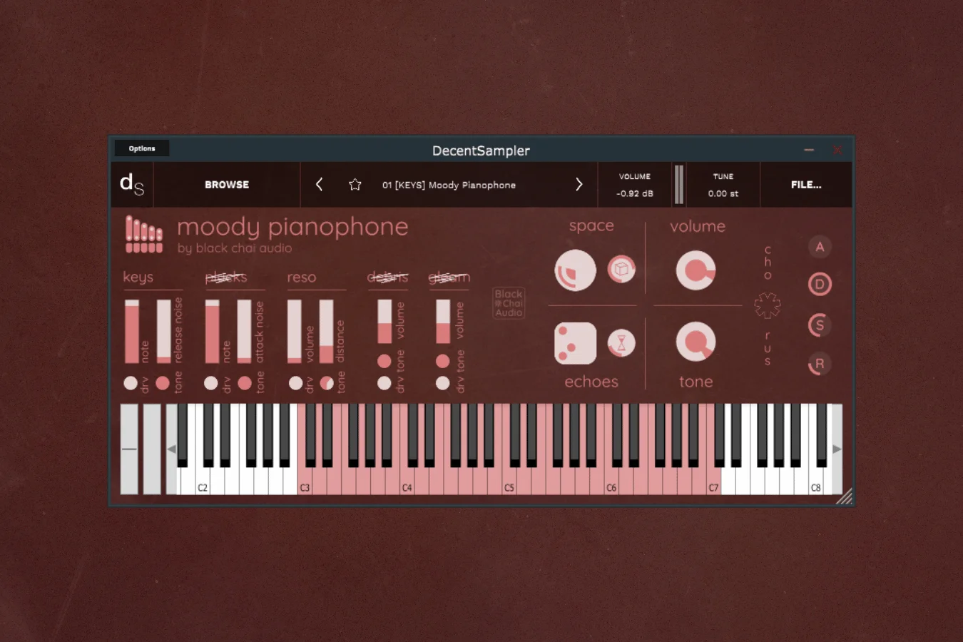 Moody Pianophone Decent Sampler instrument artwork by Black Chai Audio