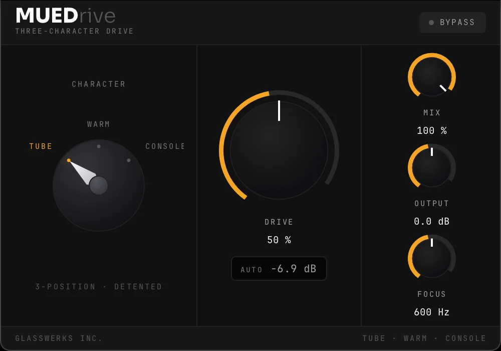 MUEDrive saturation plugin interface with character selector, drive knob, mix, output, focus, and bypass controls