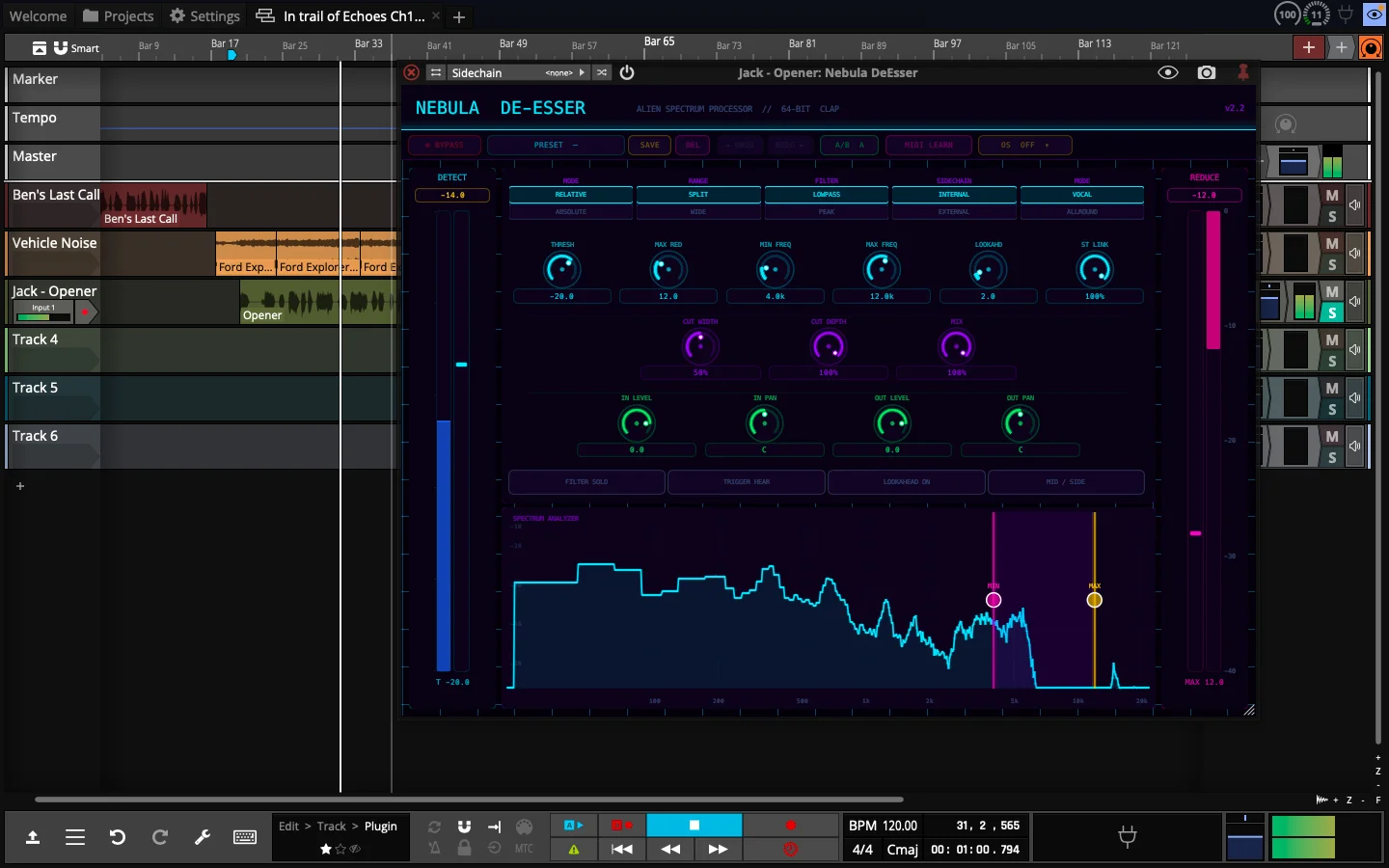 Nebula De-Esser plugin interface showing FFT spectrum analyzer with synthwave aesthetic
