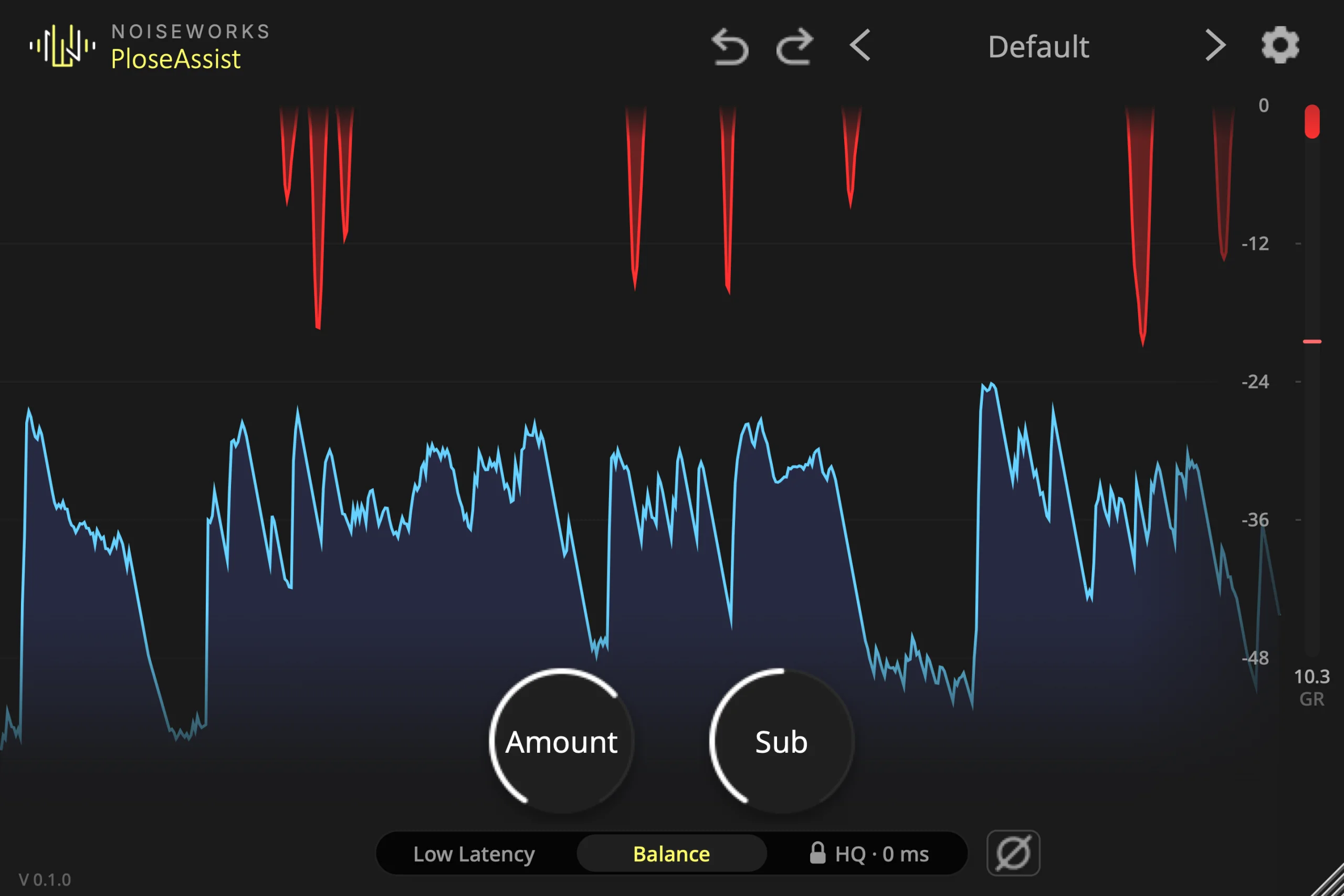 NoiseWorks PloseAssist plugin interface showing detected vocal-plosive reductions