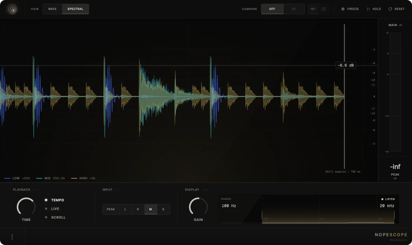 NopeScope Spectral view showing low, mid, and high waveform layers