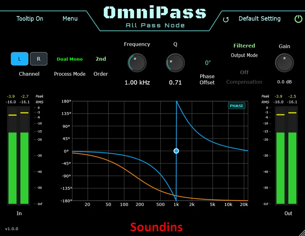 Soundins OmniPass plugin interface with phase response graph, frequency and Q controls, and input/output meters