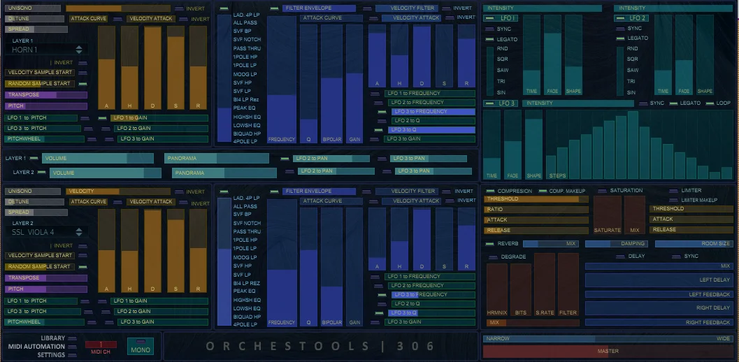 Orchestools 306 two-layer orchestral rompler interface
