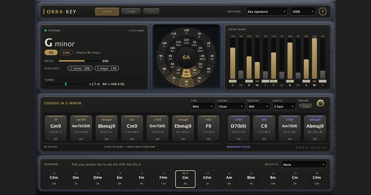 Orra Key interface showing key detection, note analysis, chord tiles, and transpose controls