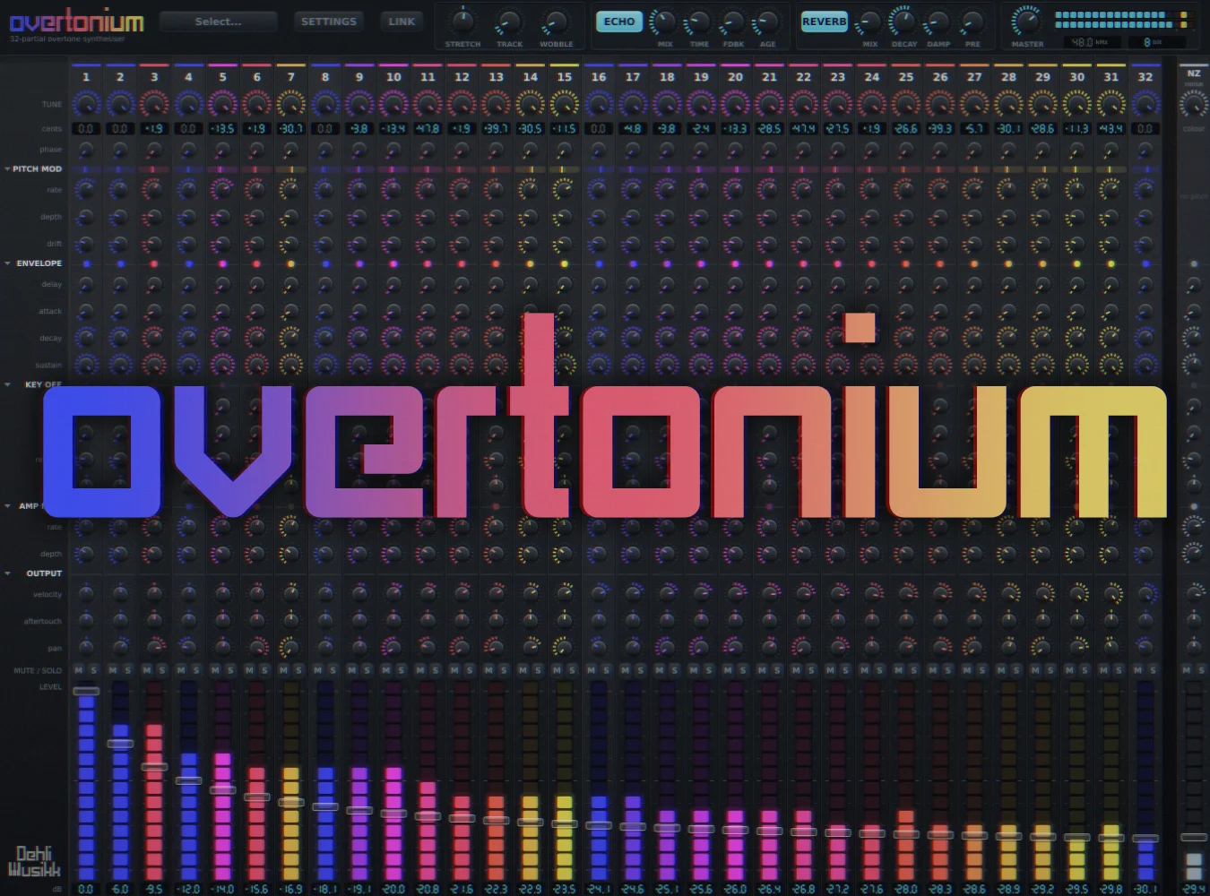 Overtonium additive synthesizer plug-in interface with 32 color-coded harmonic channel strips and faders