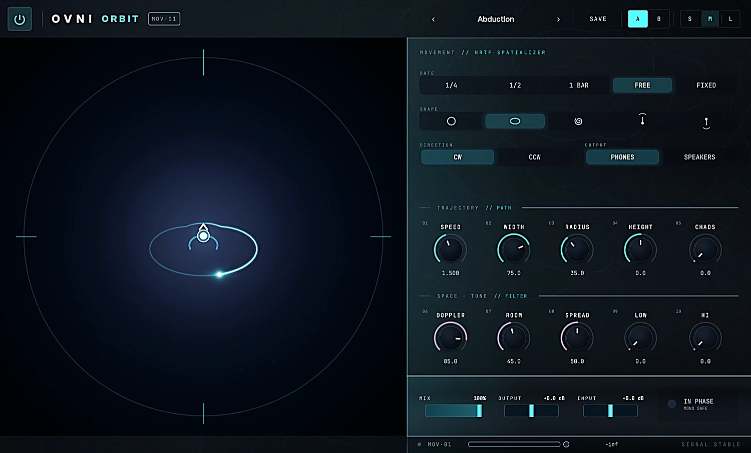 OVNI ORBIT binaural spatial movement plugin interface
