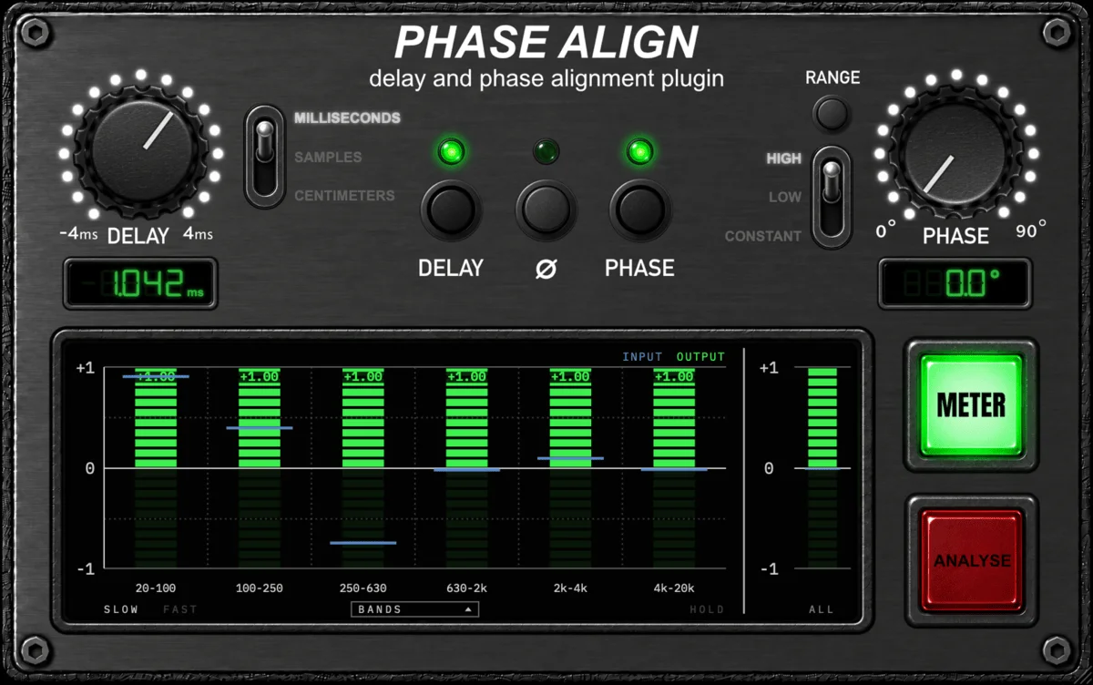 Phase Align plugin interface showing delay, phase rotation, polarity, correlation meter, and waveform alignment controls