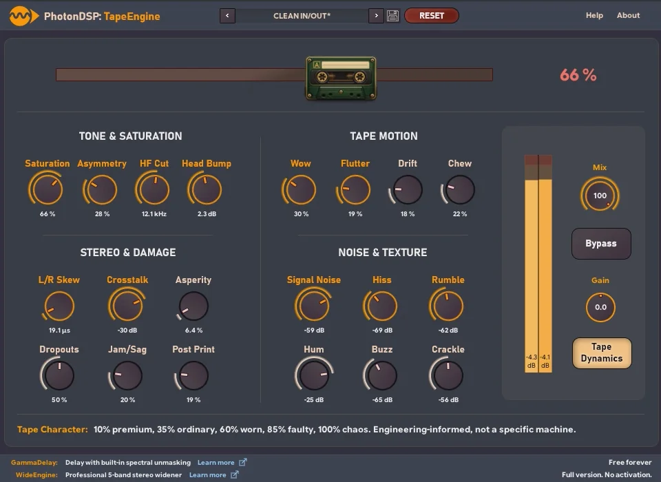 PhotonDSP TapeEngine tape simulator plugin interface