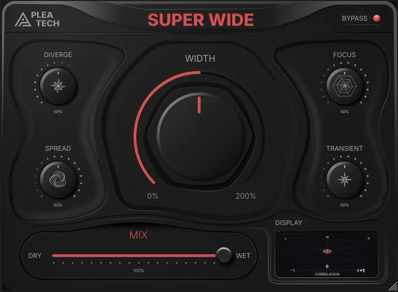SUPER WIDE stereo widening plugin interface by Pleatech Audio