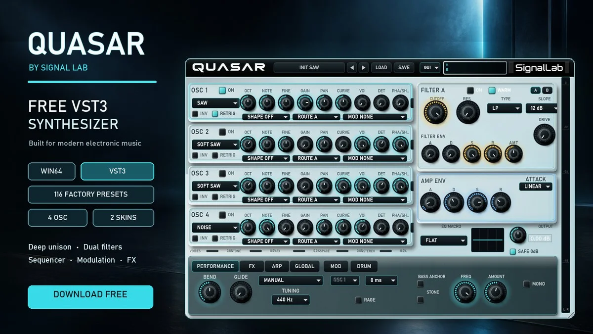 QUASAR virtual analog synthesizer interface by SignalLab