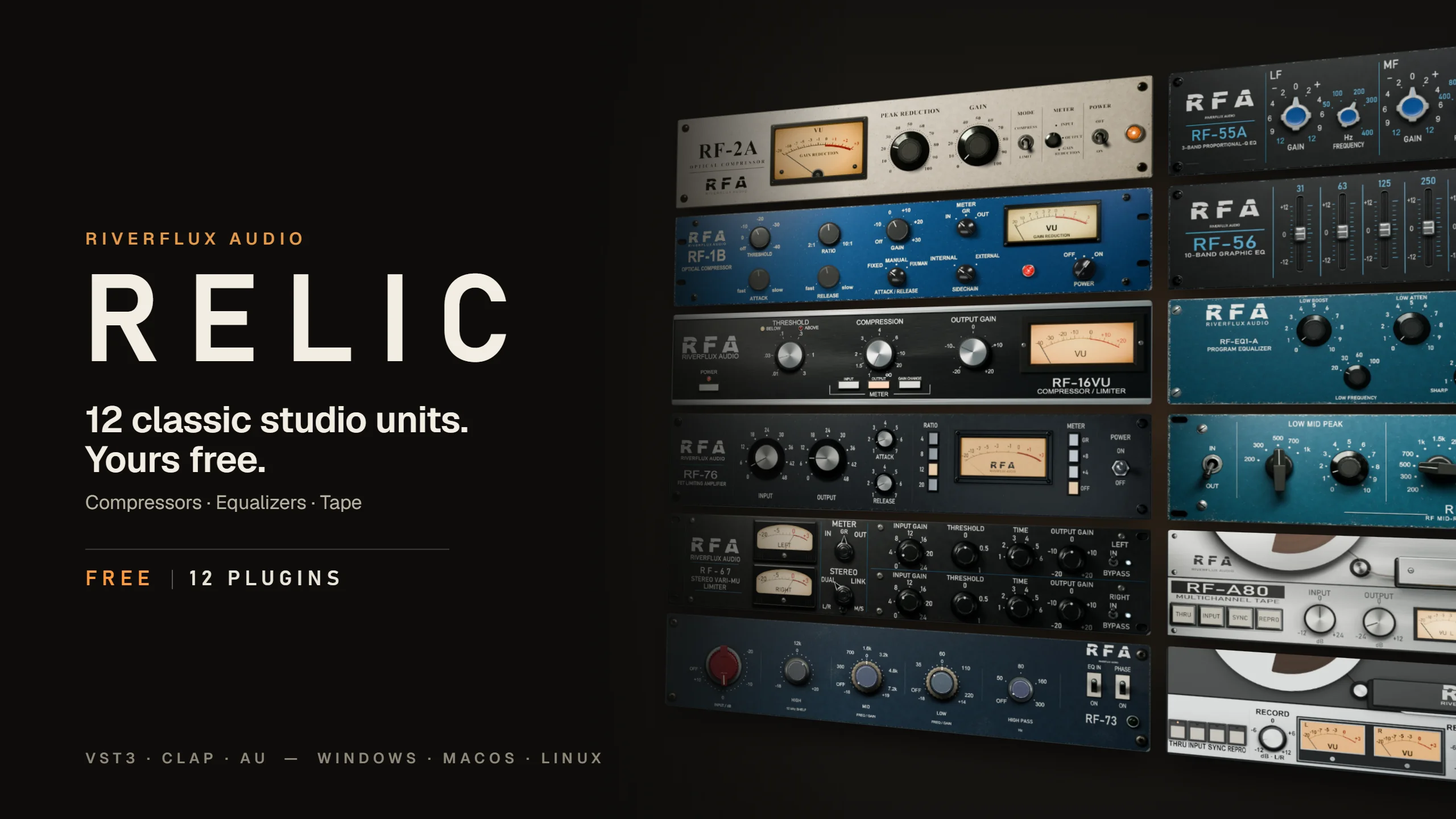 Relic collection of twelve compressor, equalizer and tape plugin interfaces by RiverFlux Audio