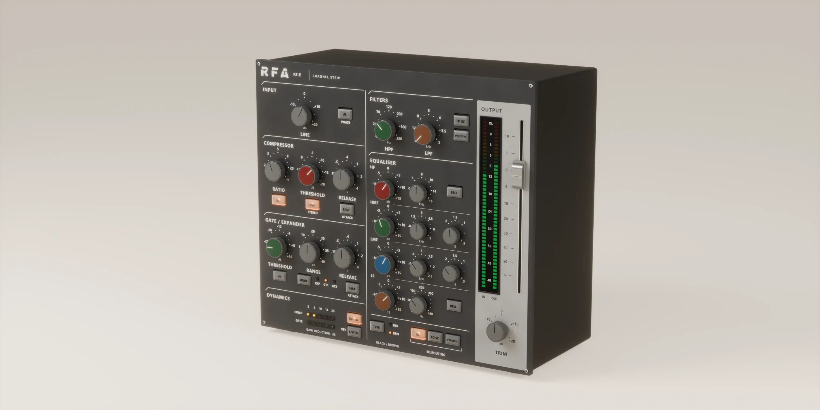 RF-E console channel strip interface by RiverFlux Audio