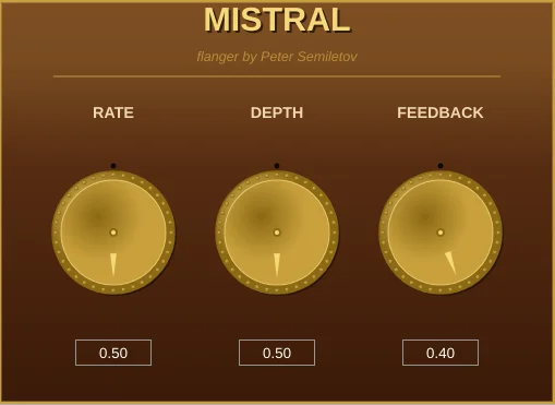 Mistral flanger interface from the Roker Pack guitar plugin bundle by Peter Semiletov