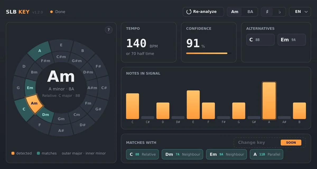 SLB Key interface showing key, tempo, confidence, and Camelot-wheel analysis